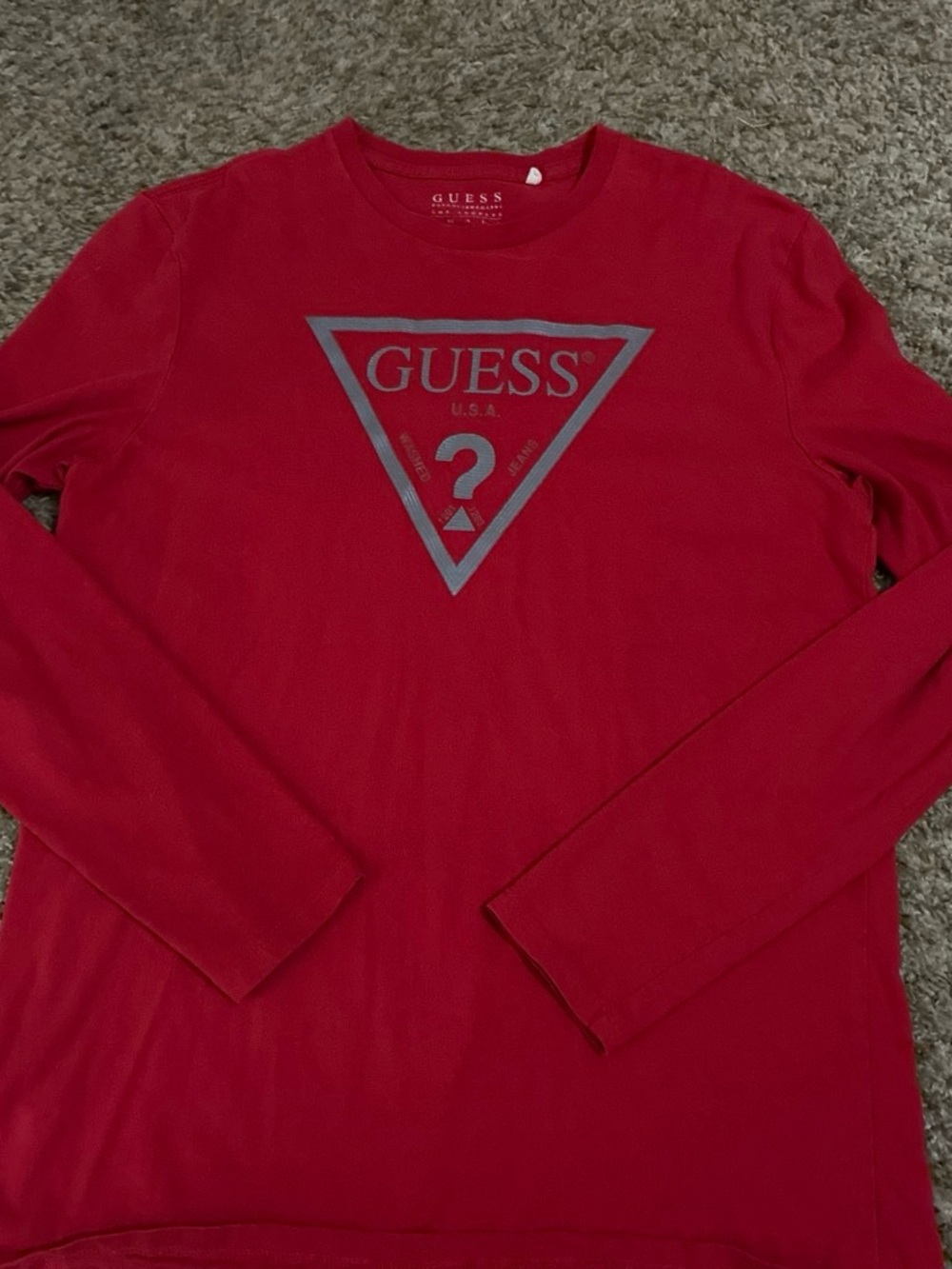 Guess Men’s Red Long-Sleeve Logo Tee with Gray Triangle